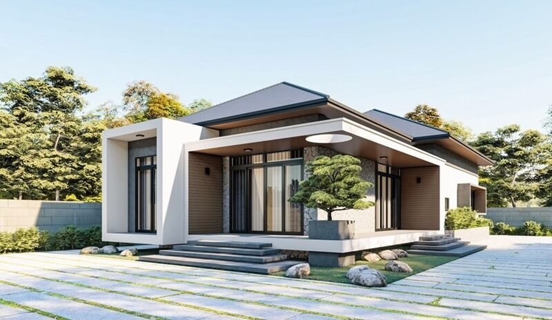 Ngôi nhà hiện đại một tầng với sân vườn rộng, thiết kế tối giản và cây xanh xung quanh.