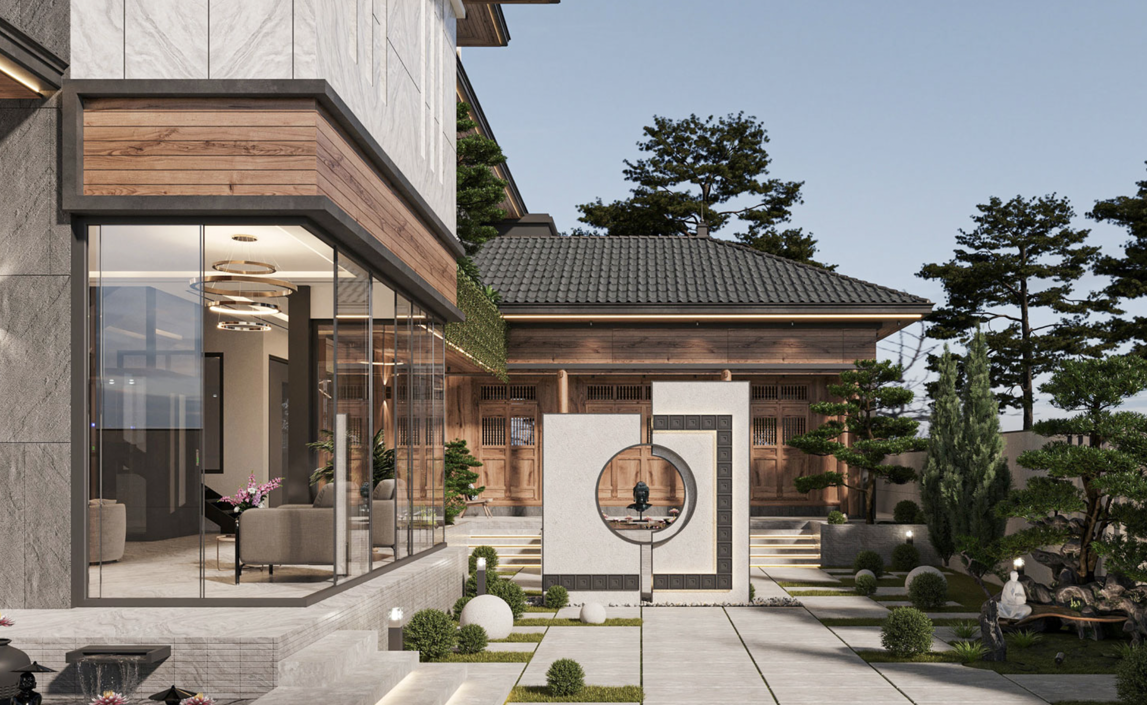 Ngôi nhà phong cách Nhật Bản với sân vườn và cửa kính lớn, tạo không gian hiện đại và thoáng đãng.