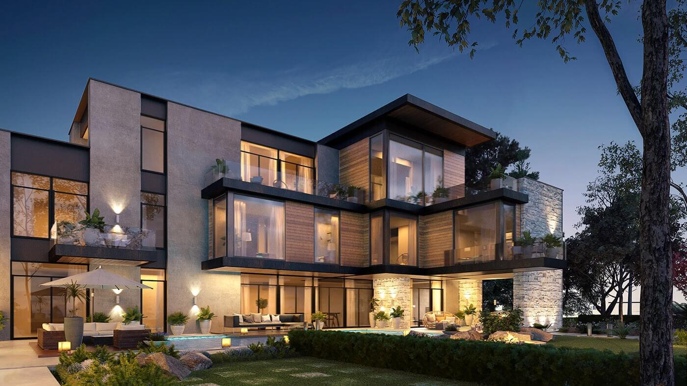 Biệt thự hiện đại buổi tối, ánh sáng ấm áp, cửa kính lớn, cây xanh xung quanh, tạo không gian sang trọng và thư thái.