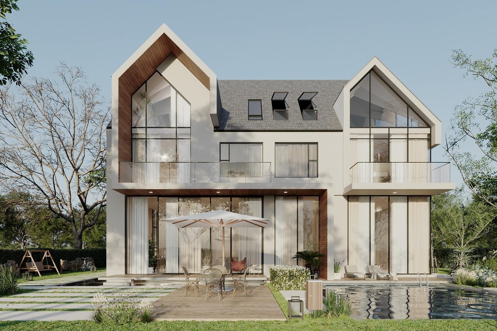 mau-biet-thu-nha-vuon-3-tang-theo-phong-cach-hien-dai-4 Biệt thự hiện đại với hồ bơi, bàn ghế ngoài trời và cây xanh xung quanh trong khung cảnh sáng sủa.