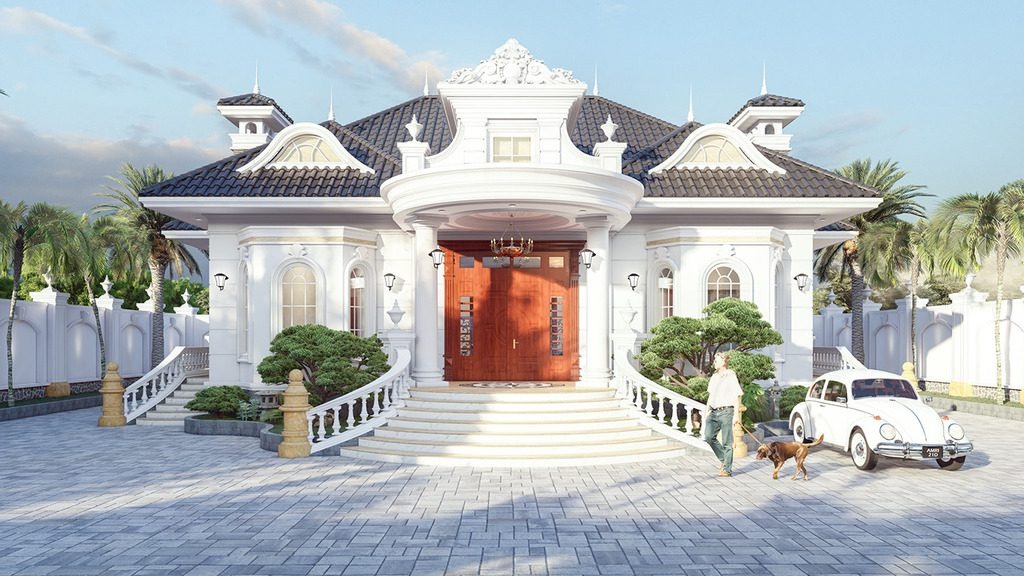 Biệt thự sang trọng kiểu châu Âu với cổng lớn, xe cổ và cây xanh xung quanh.