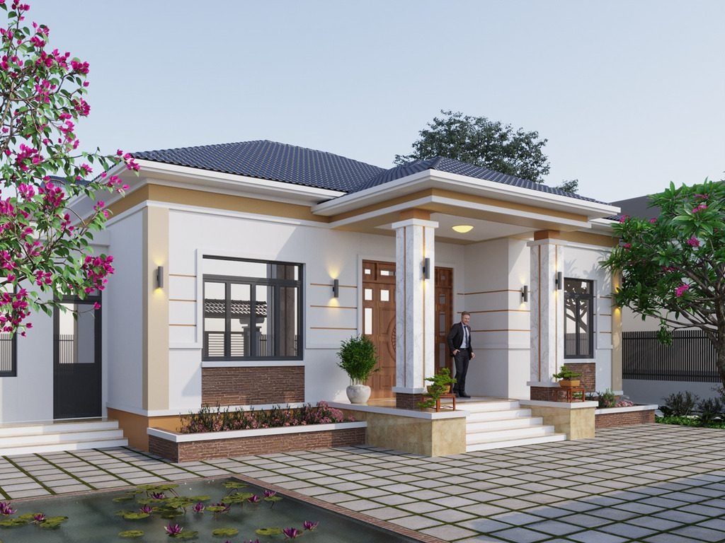 Nhà cấp 4 hiện đại với mái ngói màu xanh, sân vườn rộng và cây xanh xung quanh, thiết kế phong cách tối giản.