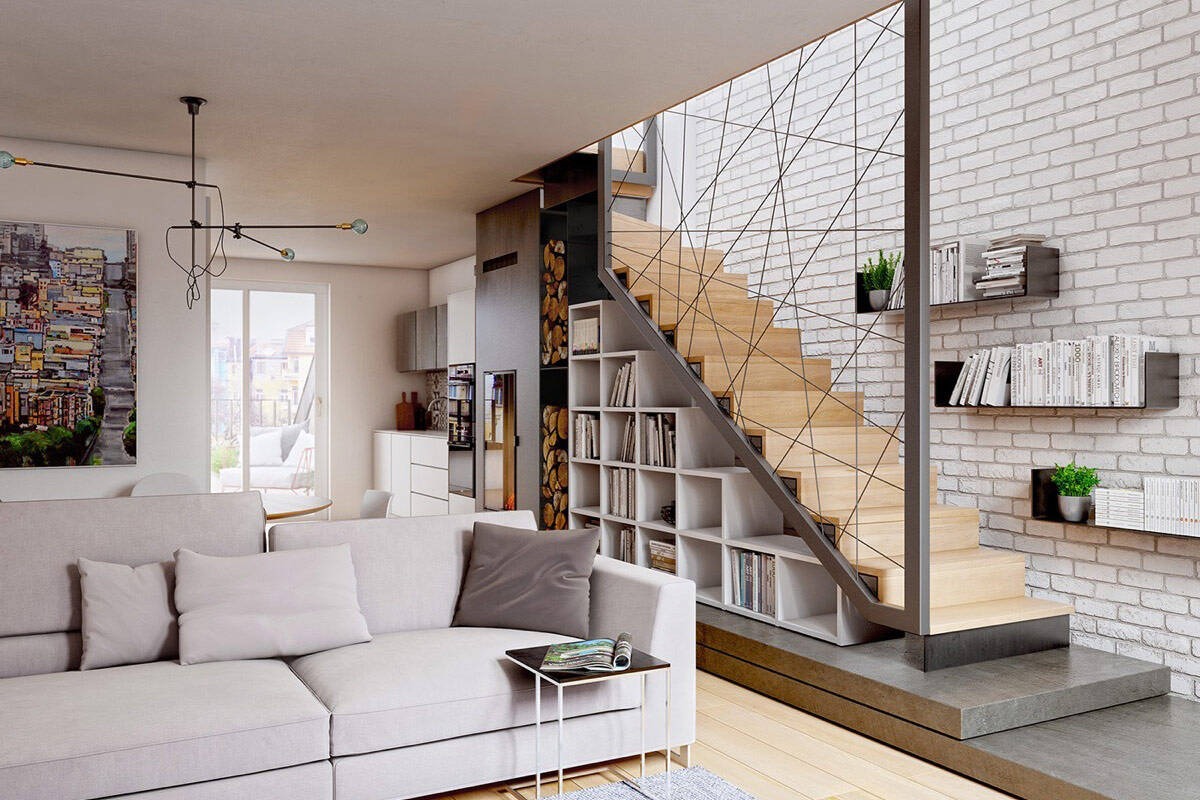 Phòng khách hiện đại với cầu thang gỗ và giá sách tinh tế, tạo điểm nhấn cho không gian sống tiện nghi.