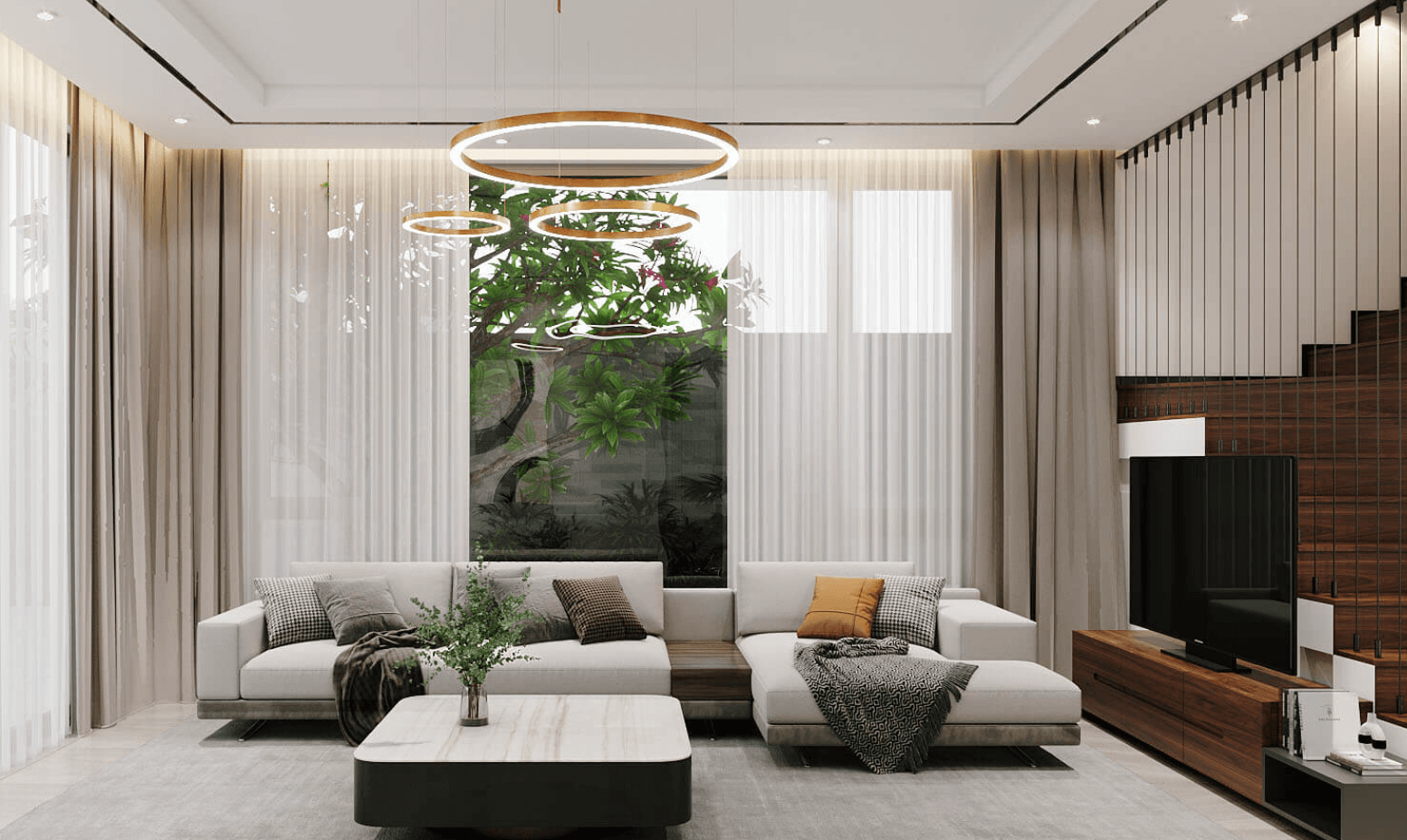 Phòng khách hiện đại với sofa trắng, bàn gỗ, đèn trần vòng và cửa sổ lớn nhìn ra cây xanh.