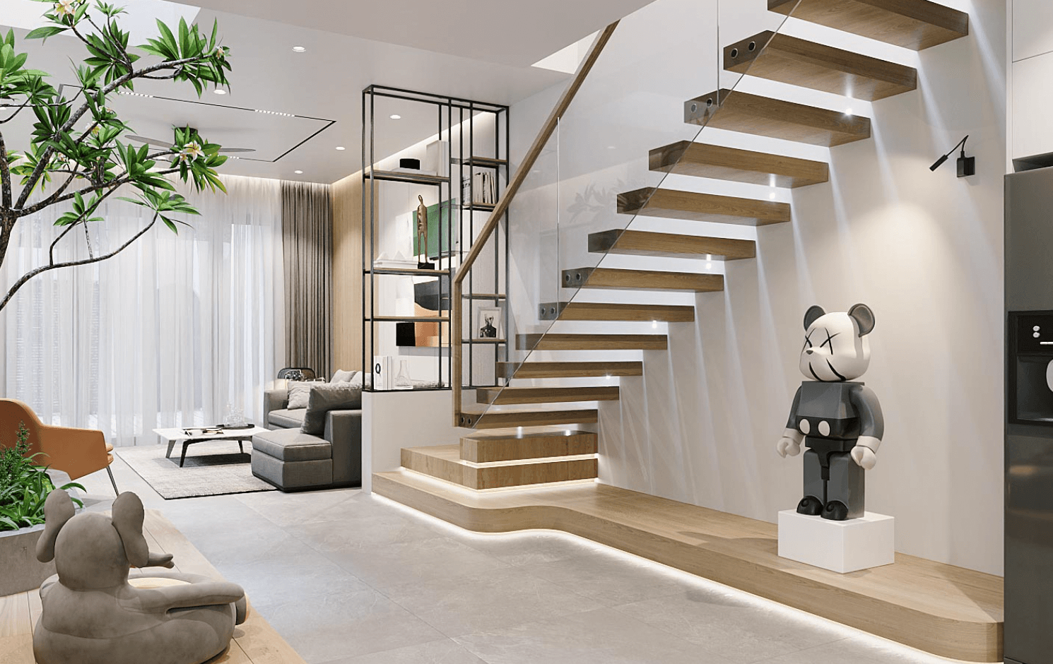 Nội thất hiện đại với cầu thang gỗ treo, bức tượng và chỗ ngồi thoải mái trong không gian sống rộng rãi.