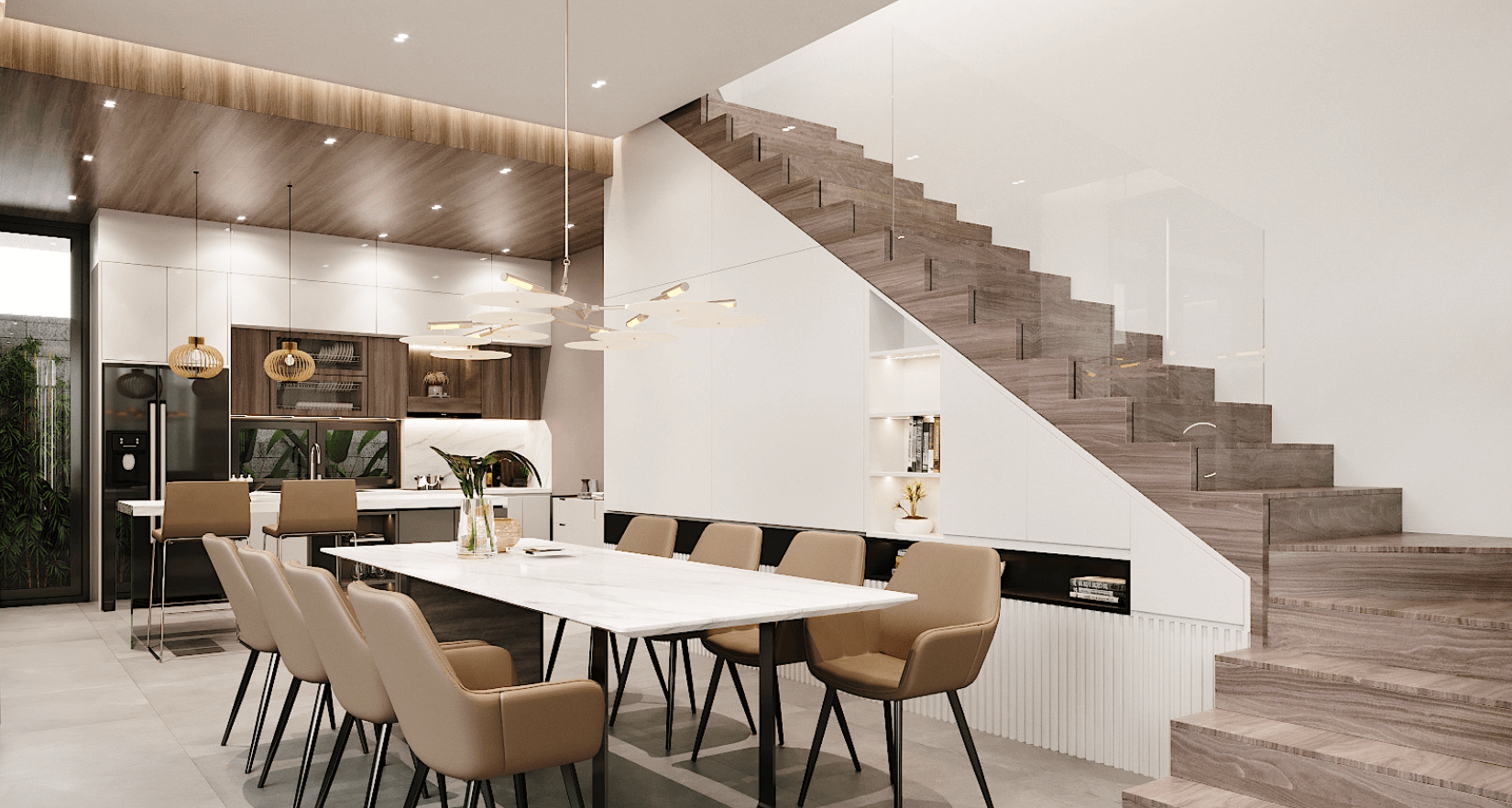 Phòng ăn hiện đại với bàn ghế da nâu, cầu thang gỗ và bếp tiện nghi, ánh sáng trang trí hài hòa.