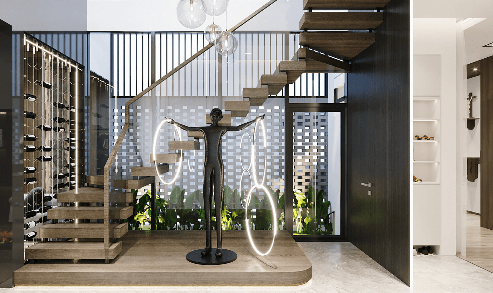 Cầu thang gỗ hiện đại với lan can kính và tượng nghệ thuật trong một không gian nội thất sang trọng, sáng tạo.