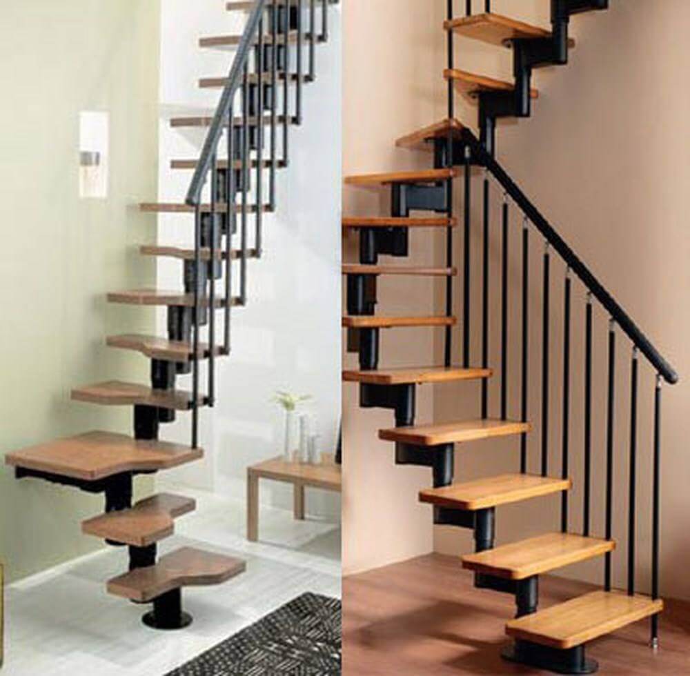 Cầu thang xoắn bằng gỗ và kim loại với thiết kế hiện đại phù hợp cho không gian nhỏ.