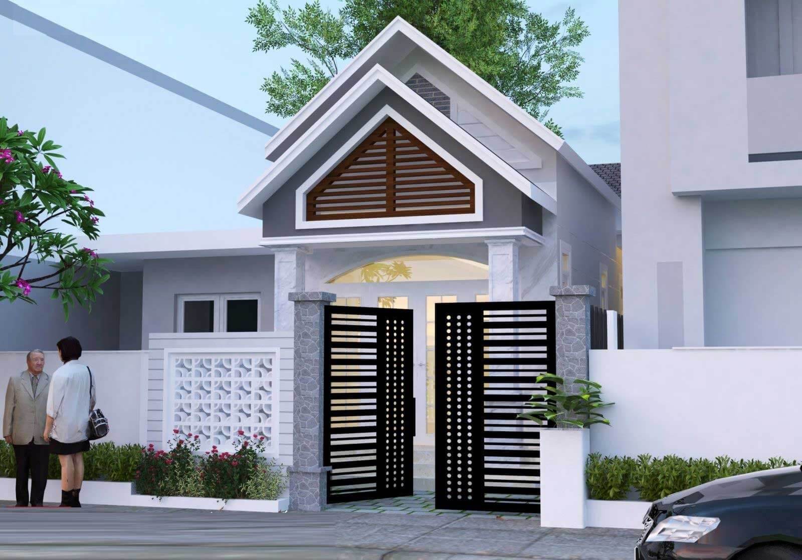 mau-cong-nha-cap-4-2 Ngôi nhà hiện đại với cổng mở, hai người nói chuyện phía trước, cây xanh bên cạnh.