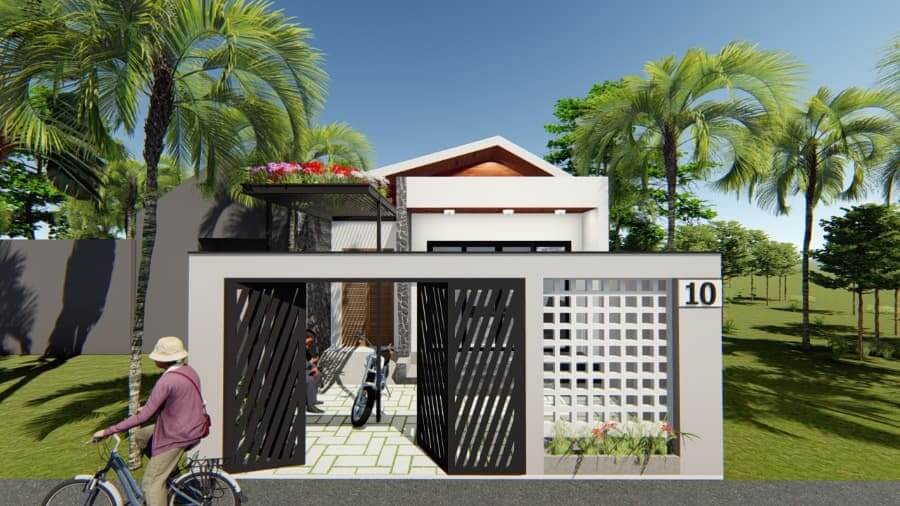 Nhà hiện đại có mái bằng, cổng gỗ và cây xung quanh, người đi xe đạp phía trước, số nhà 10.