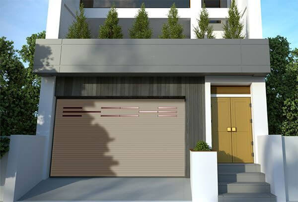 mau-cong-nha-cua-cuon-dep-3 Mặt tiền nhà hiện đại với cửa cuốn và cây xanh trên ban công, thiết kế sang trọng, tối giản.