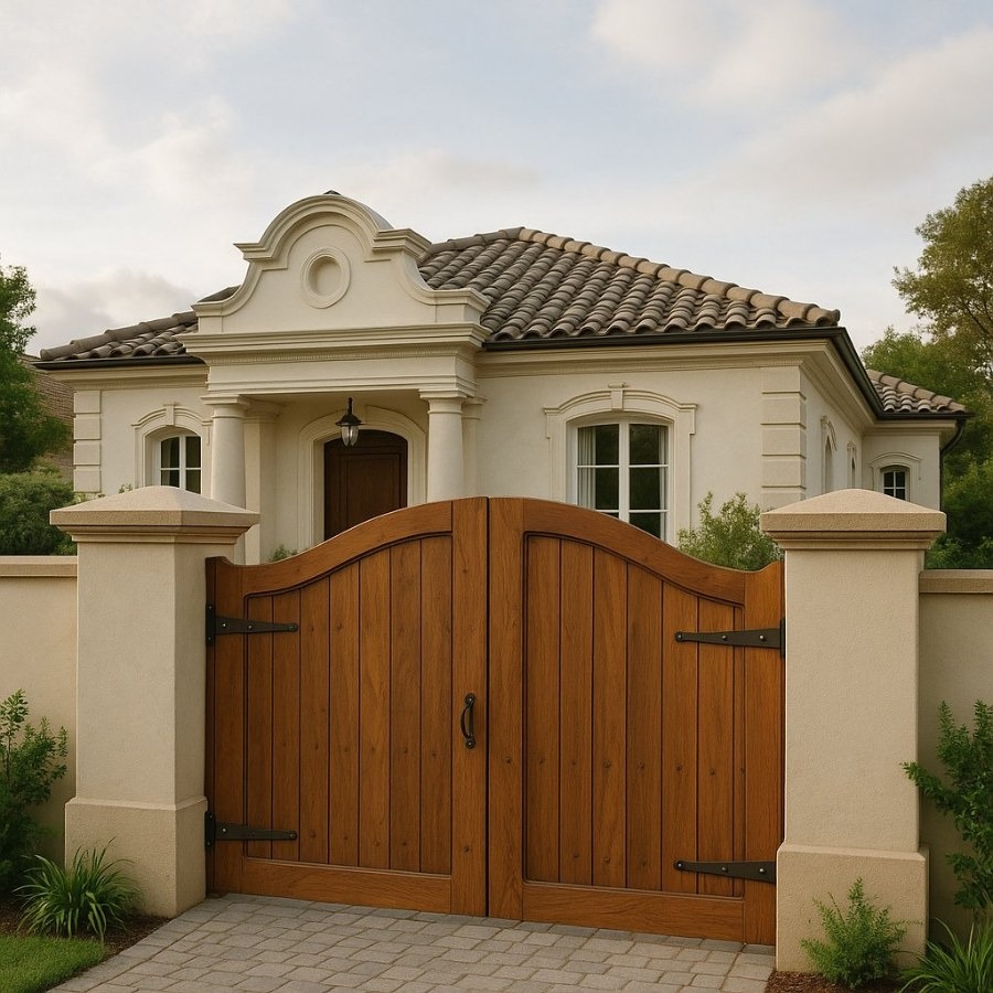 Biệt thự phong cách Địa Trung Hải với cổng gỗ lớn và mái ngói nâu, xung quanh là cây xanh.