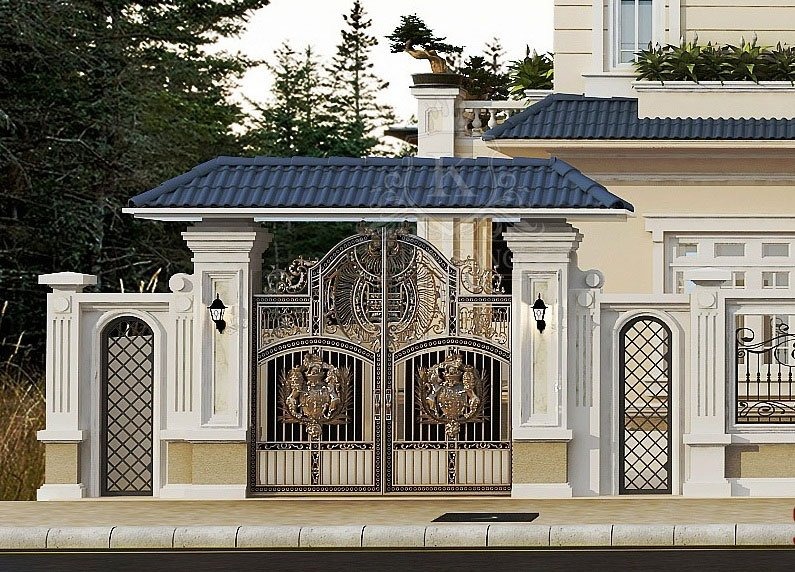 Cổng biệt thự sang trọng với thiết kế tỉ mỉ, mái ngói xanh nổi bật, tường trắng.