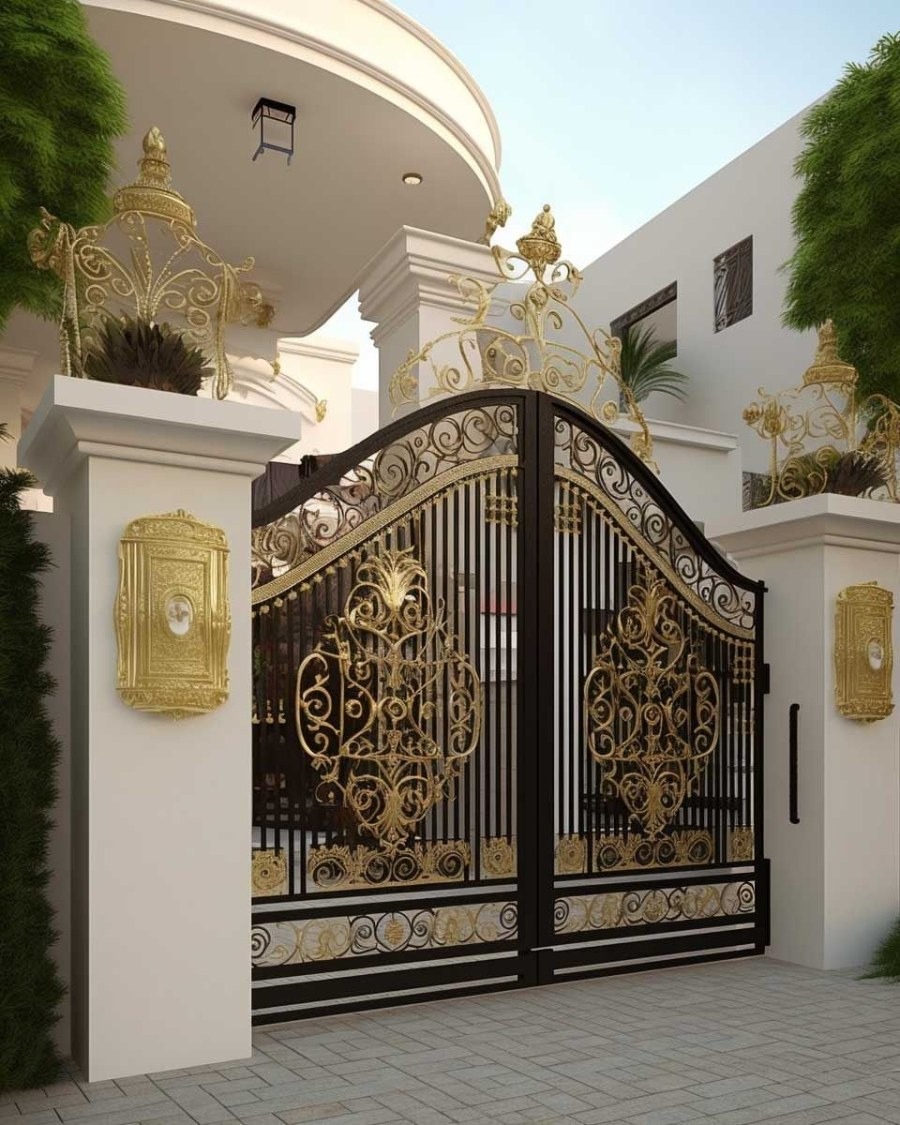 Cổng sắt nghệ thuật sang trọng với hoa văn mạ vàng tại ngôi biệt thự, thiết kế tinh tế và đẳng cấp.