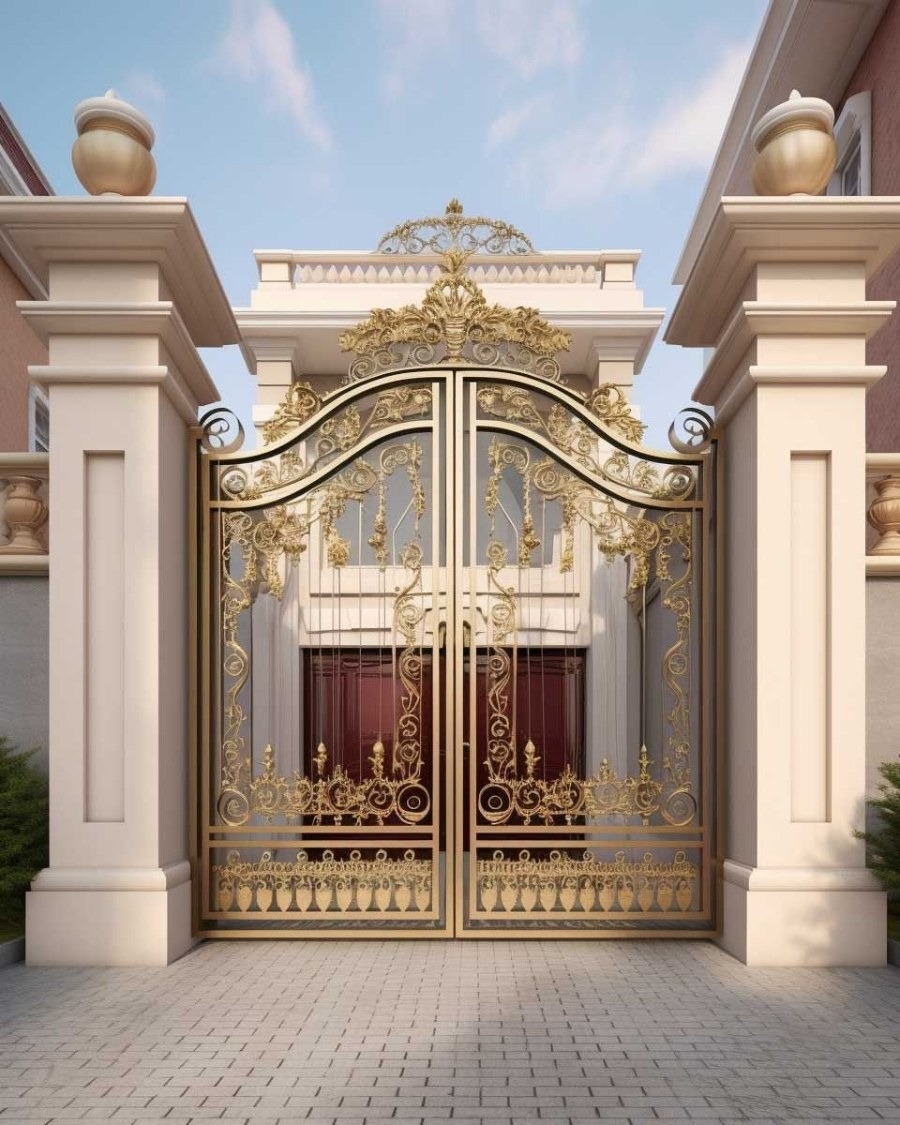 Cổng sắt mạ vàng sang trọng với thiết kế hoa văn tinh xảo trước ngôi nhà, tạo cảm giác quyền quý và hiện đại.