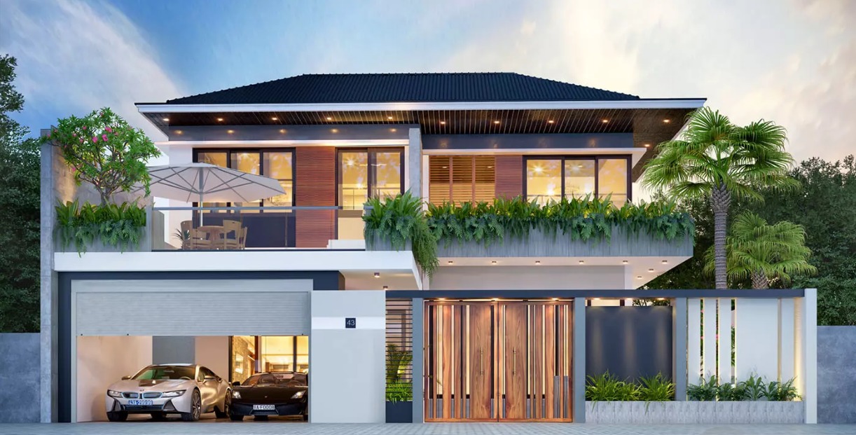 Nhà hiện đại hai tầng với gara ô tô, ban công rộng rãi, cây xanh trang trí, thiết kế sang trọng.