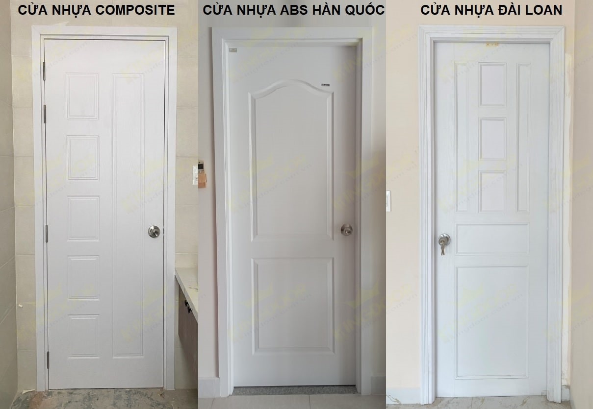 Ba loại cửa nhựa: Composite, ABS Hàn Quốc, Đài Loan, thiết kế đơn giản, màu trắng, phù hợp nội thất hiện đại.