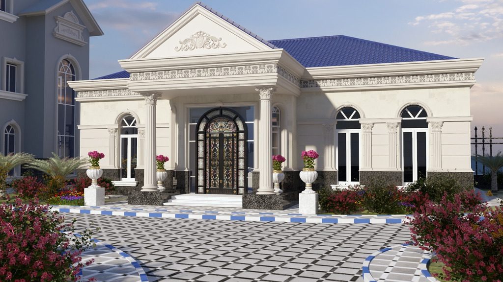 Biệt thự tân cổ điển với mái ngói xanh, cột đá trắng và khu vườn hoa rực rỡ dưới ánh nắng.