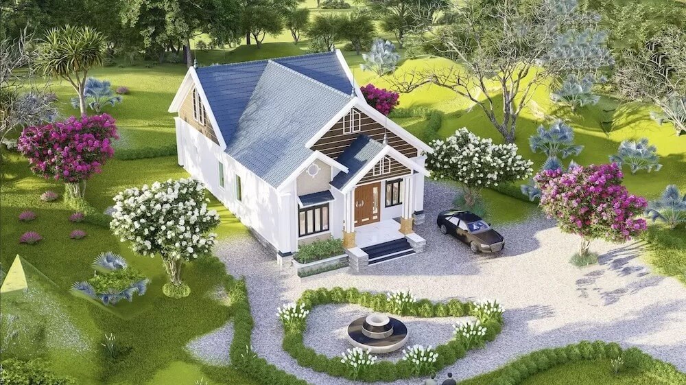 Ngôi nhà vườn mái ngói xanh kết hợp cây xanh và hoa, tạo nên khung cảnh yên bình và gần gũi với thiên nhiên.