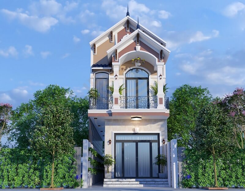 Nhà 2 tầng hiện đại với mặt tiền đẹp, cây xanh xung quanh, bầu trời xanh sáng tạo cảm giác thoáng đãng.