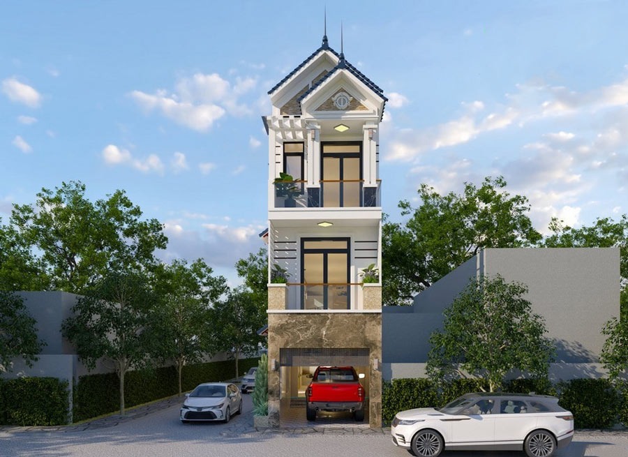Nhà phố ba tầng hiện đại với gara, xe hơi đỗ trước, bao quanh là cây xanh, trời nắng nhẹ.