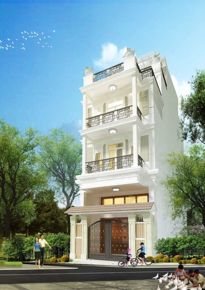 Biệt thự tân cổ điển 4 tầng màu trắng với ban công rộng, xung quanh là cây xanh và người đi dạo phía trước.