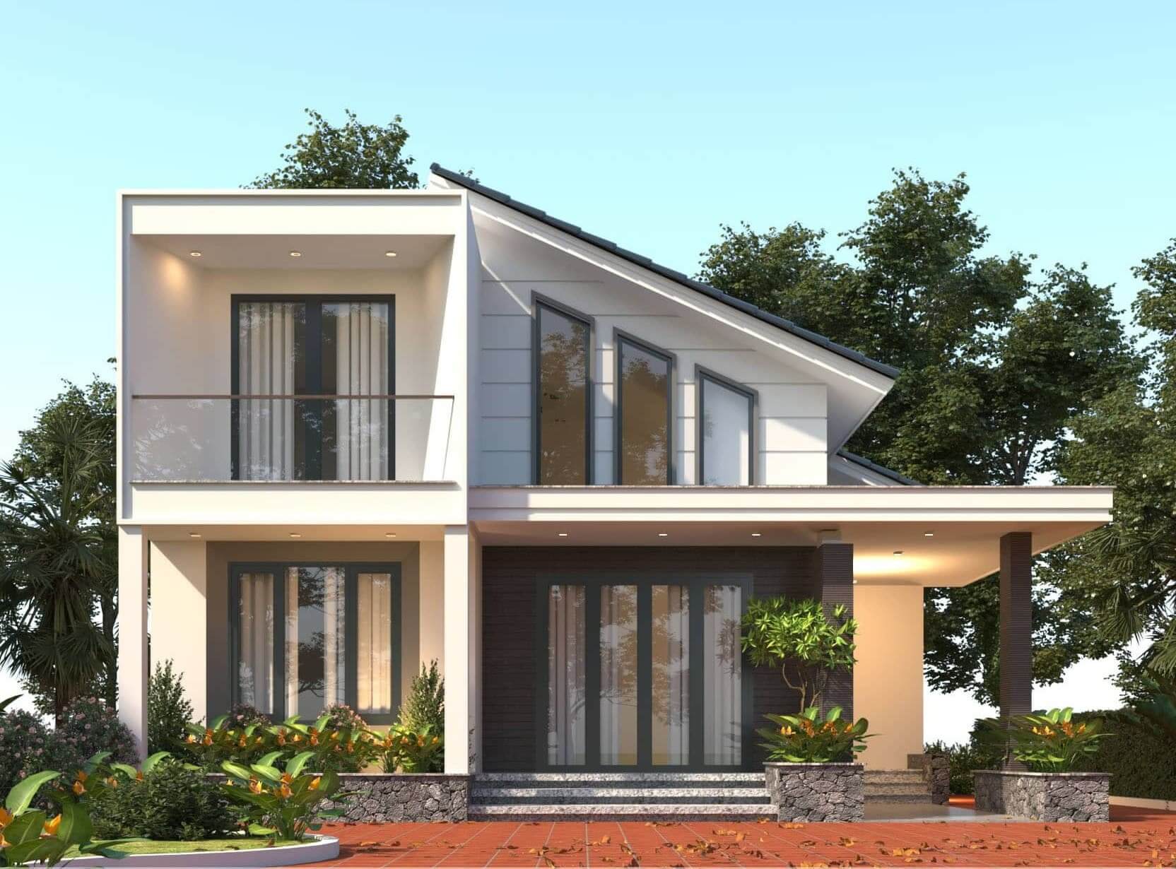 Nhà hiện đại 2 tầng, sân gạch, cây xanh xung quanh, thiết kế sáng tạo, phù hợp môi trường sống lành mạnh.