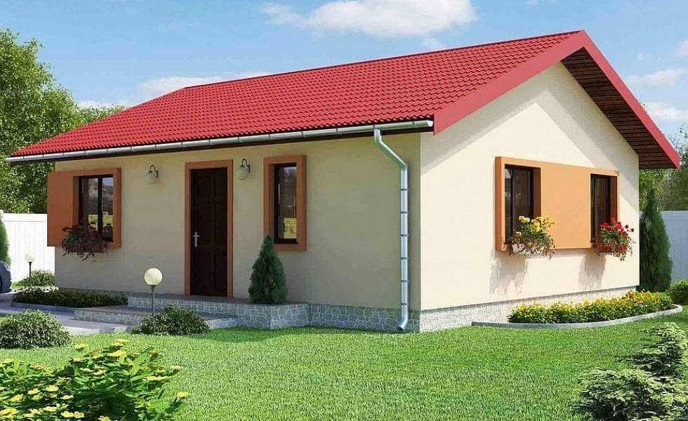 Nhà nhỏ mái đỏ giữa vườn xanh, có cửa sổ với hoa trang trí, mang phong cách kiến trúc đơn giản.