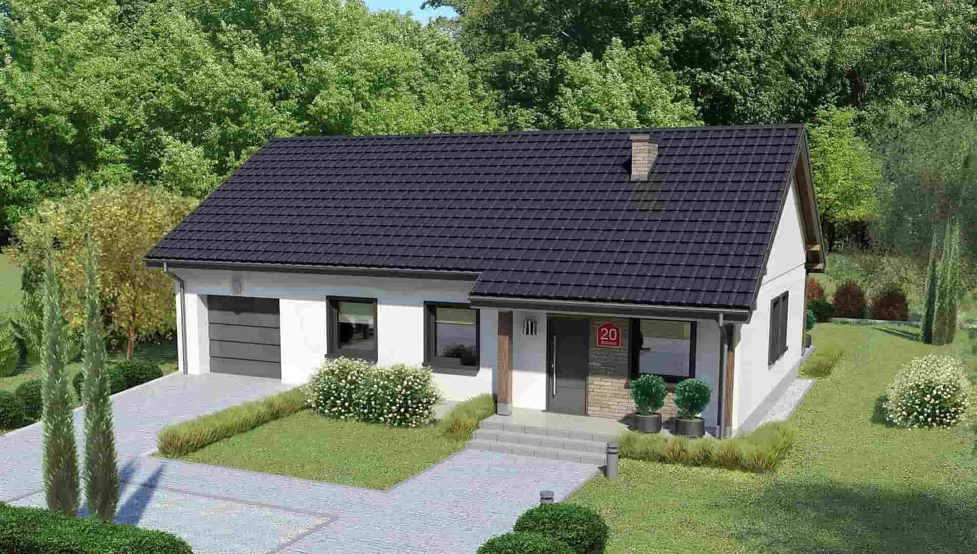 Nhà cấp 4 với mái ngói đen, xung quanh là vườn cây xanh và lối đi lát gạch, tạo không gian sống yên bình.