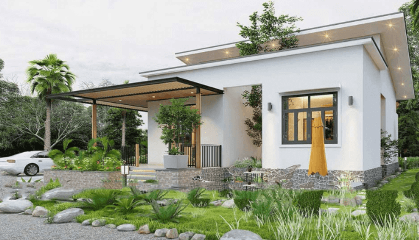 Nhà vườn hiện đại với kiến trúc tối giản, xung quanh là cây xanh và bãi cỏ, xe hơi đậu phía trước.