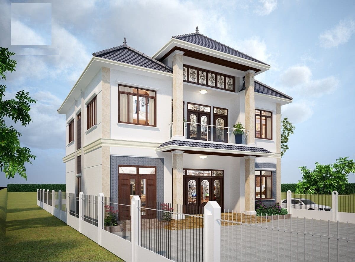 mau-nha-2-tang-1-tum-mai-thai-4-phong-ngu-1 Nhà hai tầng hiện đại với mái ngói xanh, sân rộng và hàng rào trắng, cỏ và cây xanh bao quanh.