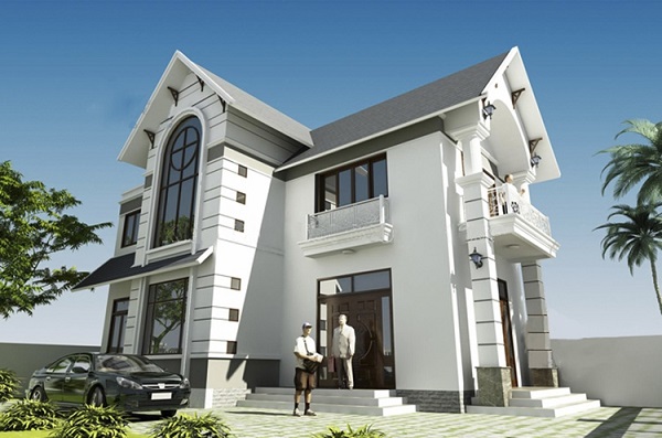 Nhà hai tầng hiện đại với mái ngói, cửa sổ rộng lớn, hai người đứng ở phía trước, có ô tô đỗ bên cạnh nhà.