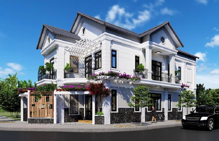 mau-nha-2-tang-1-tum-mai-thai-5 Nhà phố hai tầng hiện đại với ban công cây xanh và ô tô đỗ bên ngoài.