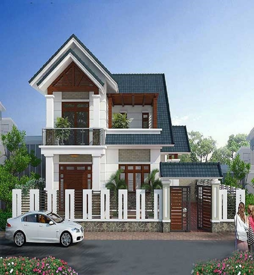 mau-nha-2-tang-1-tum-mai-thai-7 Nhà hai tầng hiện đại, mái ngói xanh và hàng rào trắng, xe ô tô trắng phía trước.