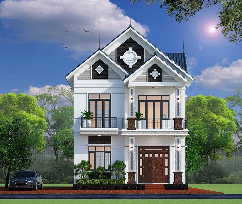 Nhà hai tầng với thiết kế hiện đại mái xanh, sân vườn gọn gàng và ô tô đậu gần lối vào chính.