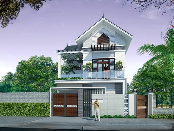 Nhà hai tầng hiện đại với sân vườn xanh mát, có người đứng trước cổng, trời trong xanh.