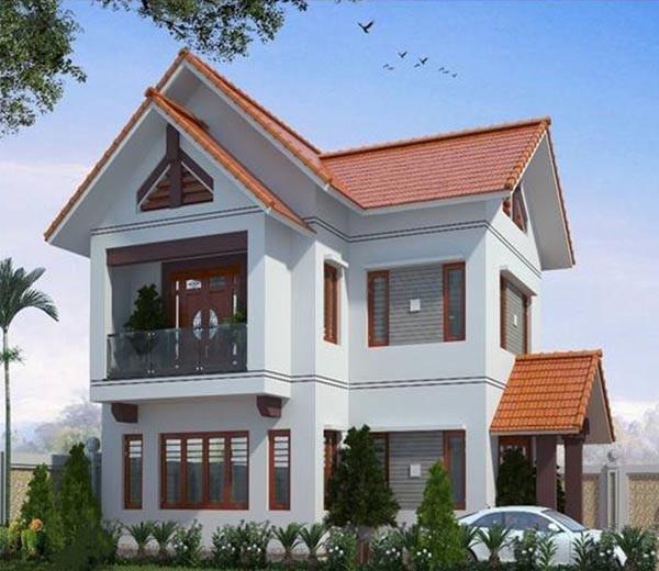 mau-nha-2-tang-300-trieu-mai-thai Nhà hai tầng với mái ngói đỏ, thiết kế hiện đại và ban công rộng rãi cùng vườn cây xanh tươi.