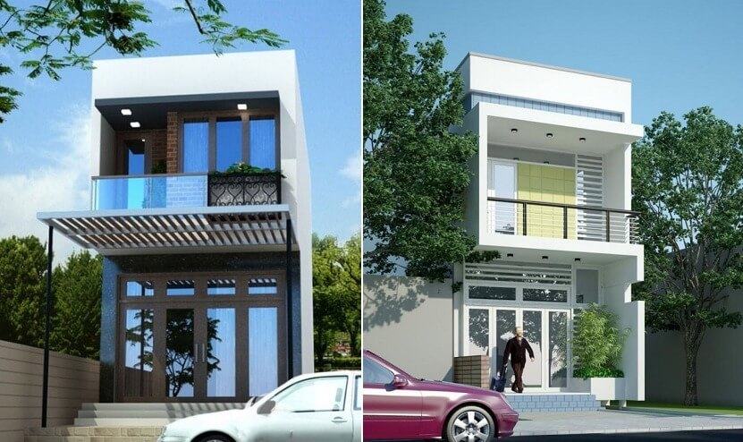 Hai ngôi nhà ống 2 tầng hiện đại, mặt tiền thoáng rộng và thiết kế cây xanh bên ngoài.
