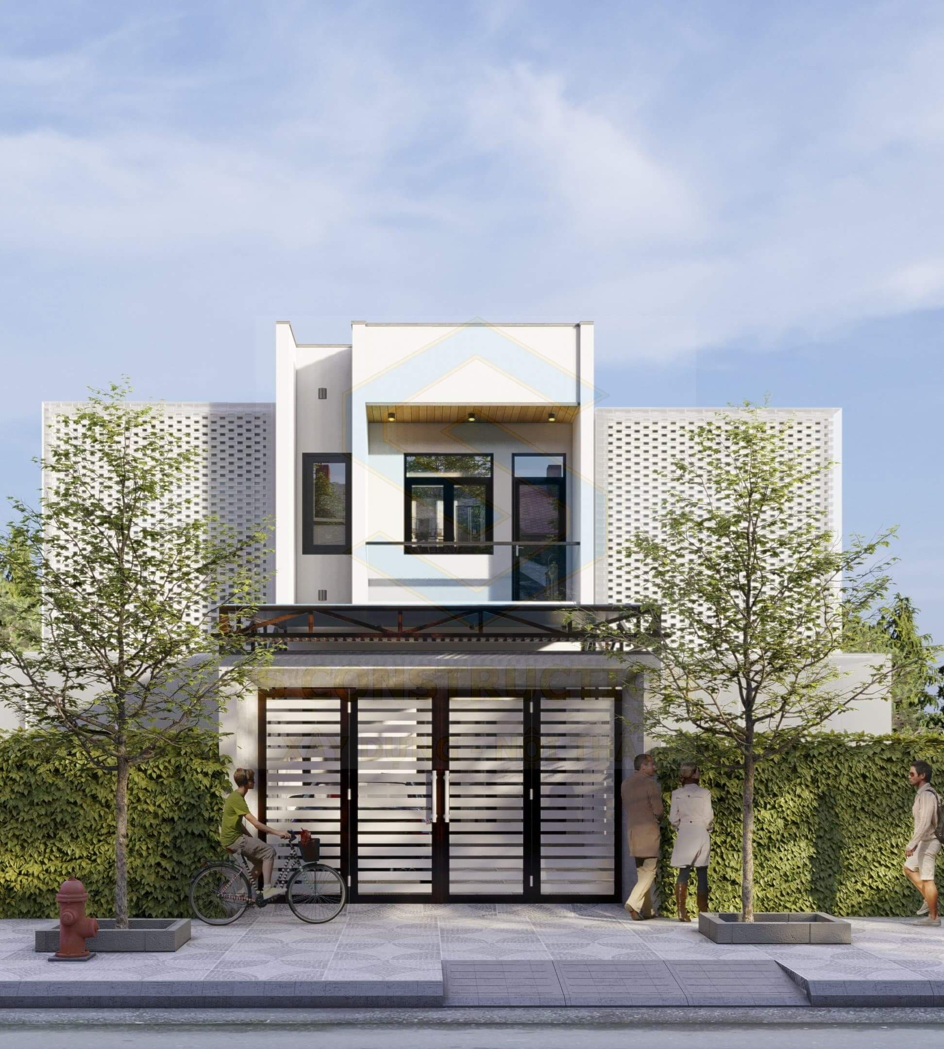 mau-nha-2-tang-5x12m-dep-mat-3 Nhà phố hiện đại với thiết kế tối giản, trước nhà có người đi bộ và xe đạp, cây xanh tạo cảnh quan.