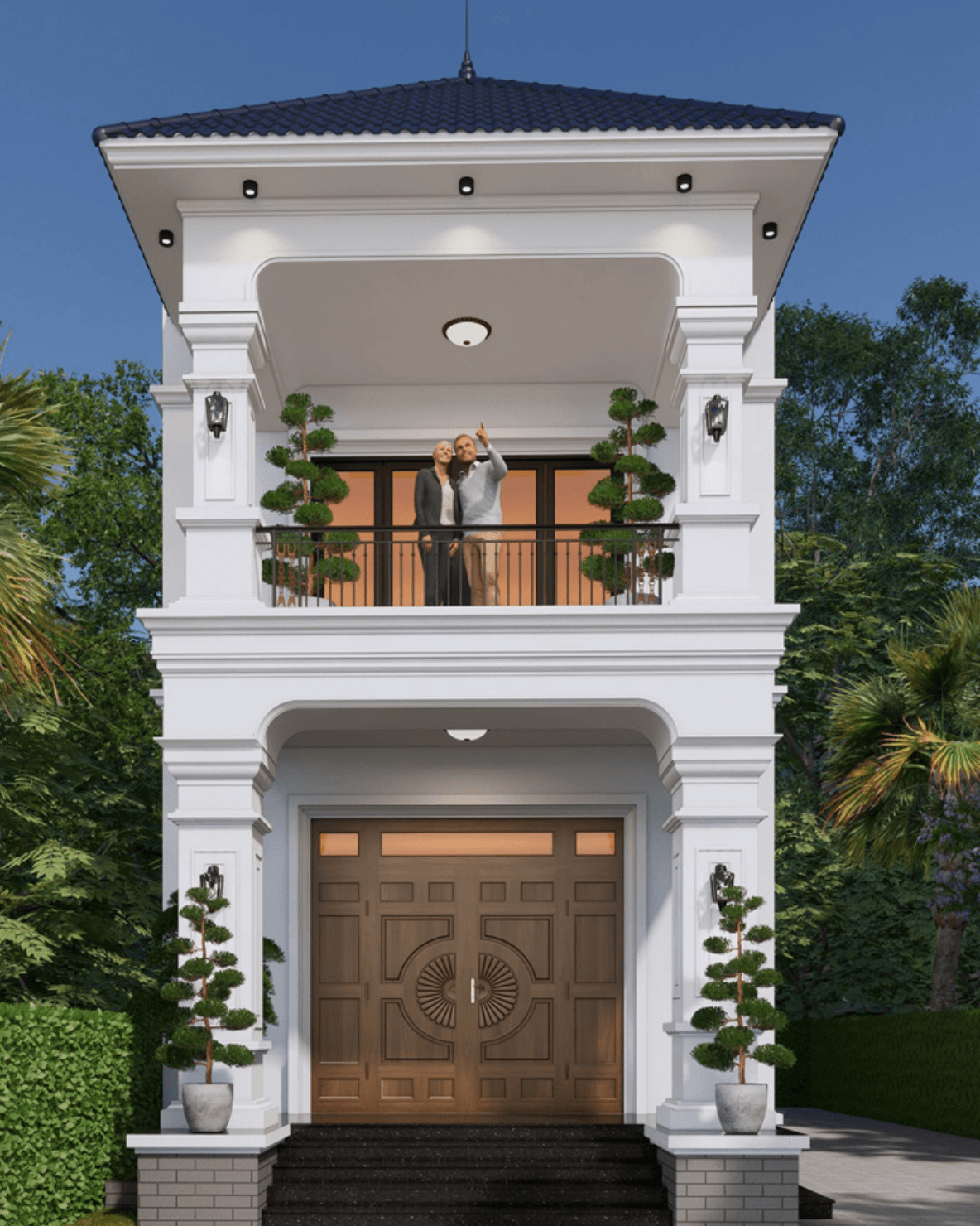 Hai người đứng trên ban công nhà cao tầng màu trắng với cửa gỗ lớn, xung quanh là cây xanh.