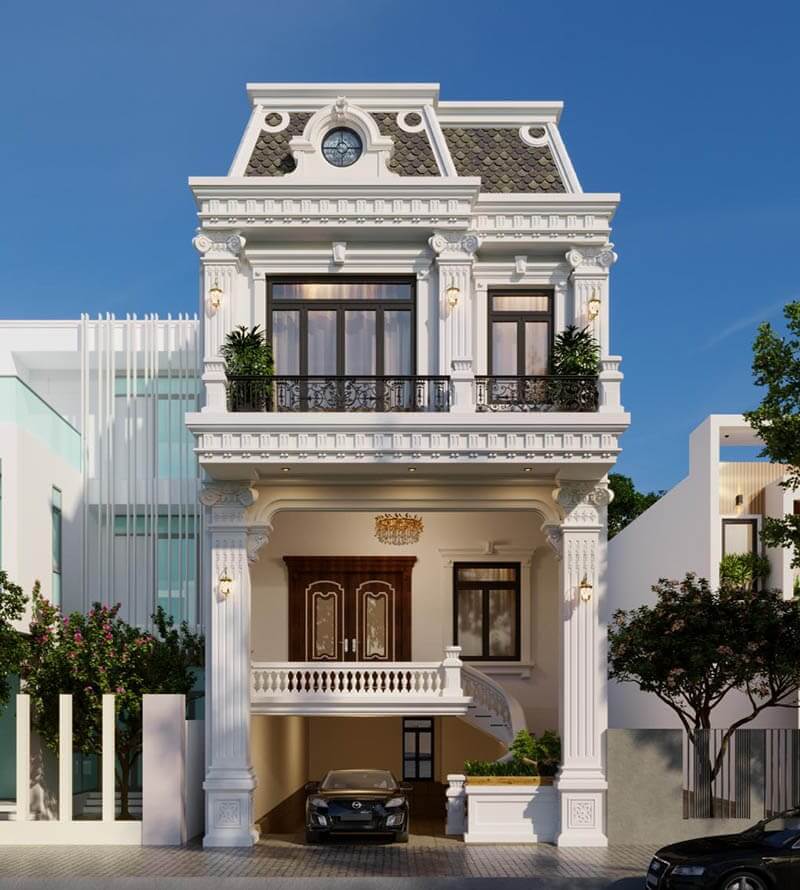 Mặt tiền nhà phố tân cổ điển 3 tầng với ô tô đỗ trước cửa, thiết kế sang trọng và hiện đại.