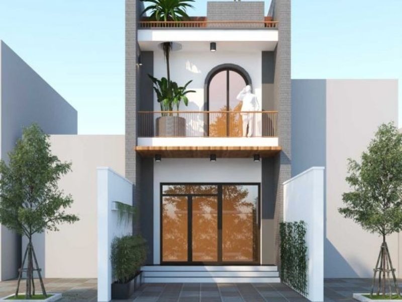 mau-nha-2-tang-gia-re-300-trieu-mai-bang-hien-dai Nhà phố hai tầng hiện đại với cây xanh trang trí ban công, cửa kính lớn và tường màu xám, thiết kế tối giản.