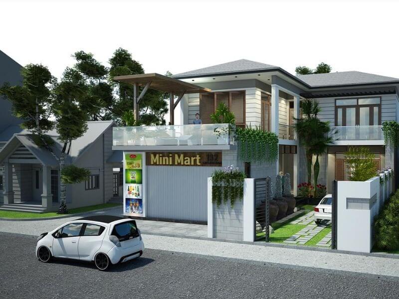 Nhà hai tầng hiện đại với cửa hàng mini mart phía trước và ô tô đỗ ngoài đường.