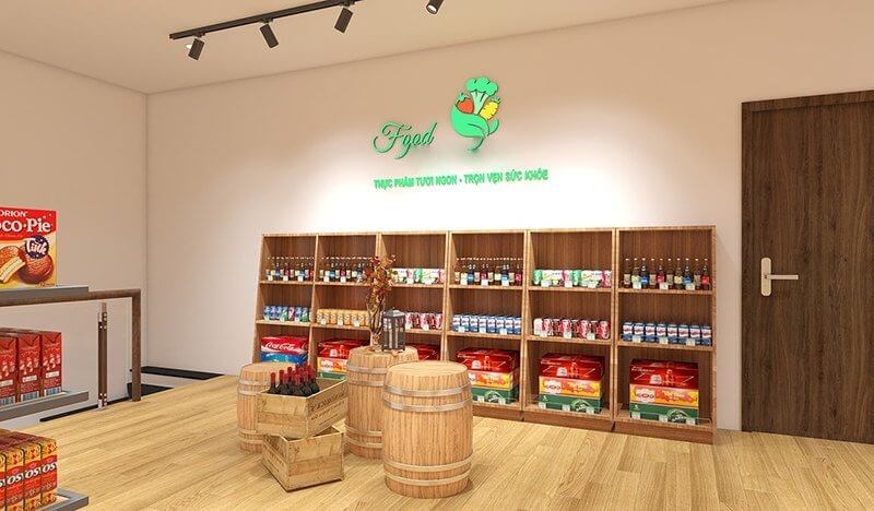 Cửa hàng thực phẩm với kệ gỗ trưng bày hàng hóa, bảng hiệu Ffood Thực Phẩm Tươi Ngon, trang trí thùng gỗ.
