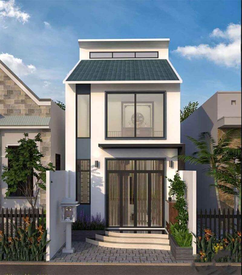Nhà phố hiện đại 2 tầng, mái xanh dương, cửa sổ kính lớn, cây xanh xung quanh, thiết kế tối giản.