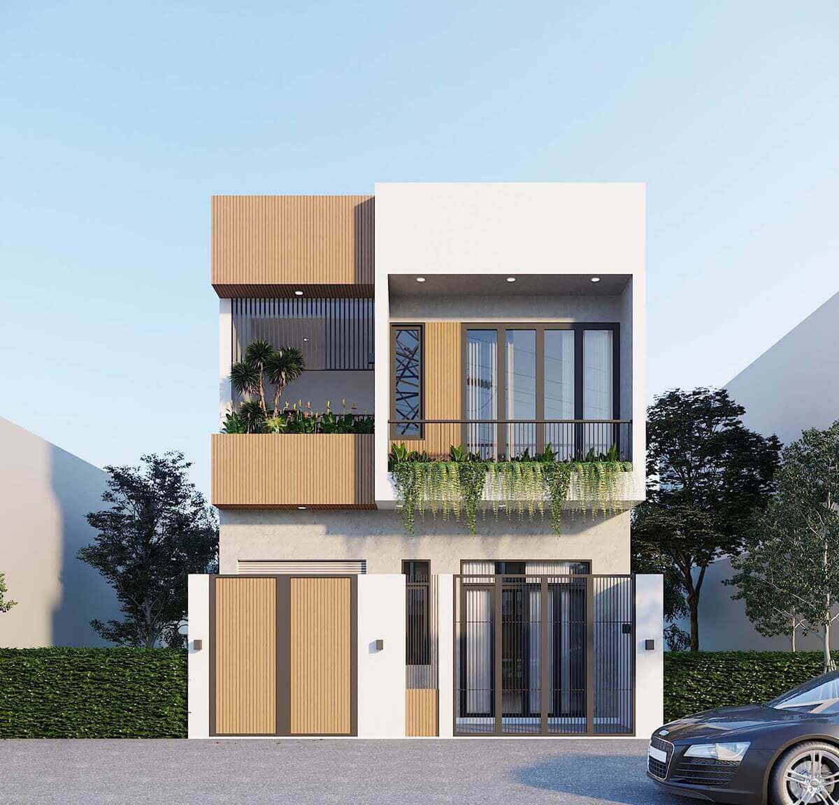 Nhà phố hiện đại 2 tầng với ban công xanh và cửa kính lớn, tối ưu ánh sáng tự nhiên, phong cách kiến trúc đương đại.