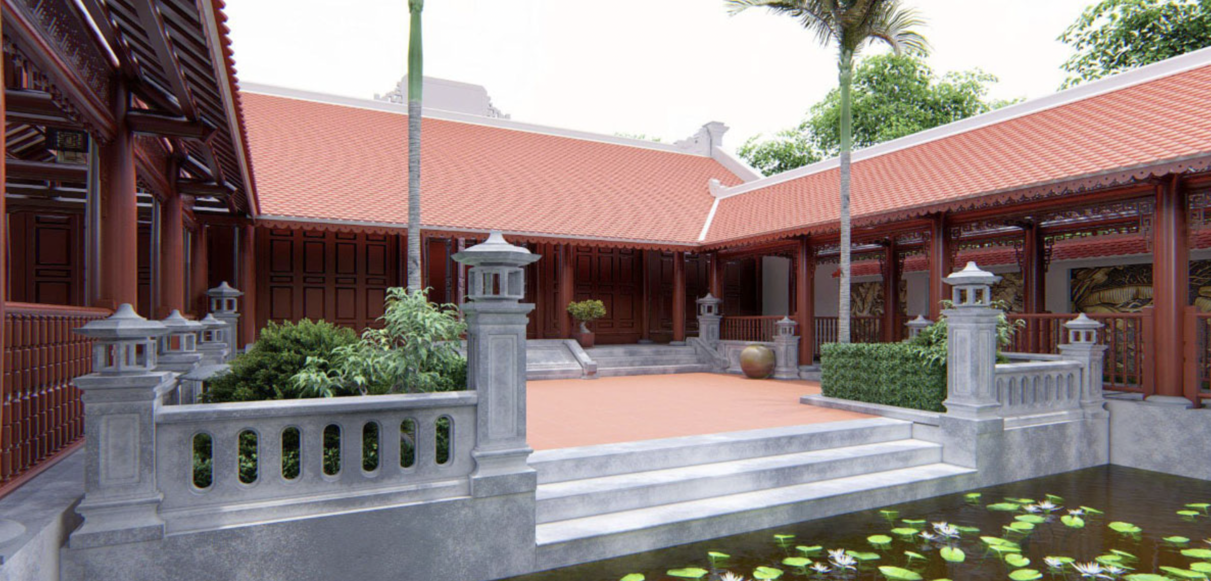 Kiến trúc sân đình truyền thống với mái ngói đỏ và hồ nước trang trí hoa sen.