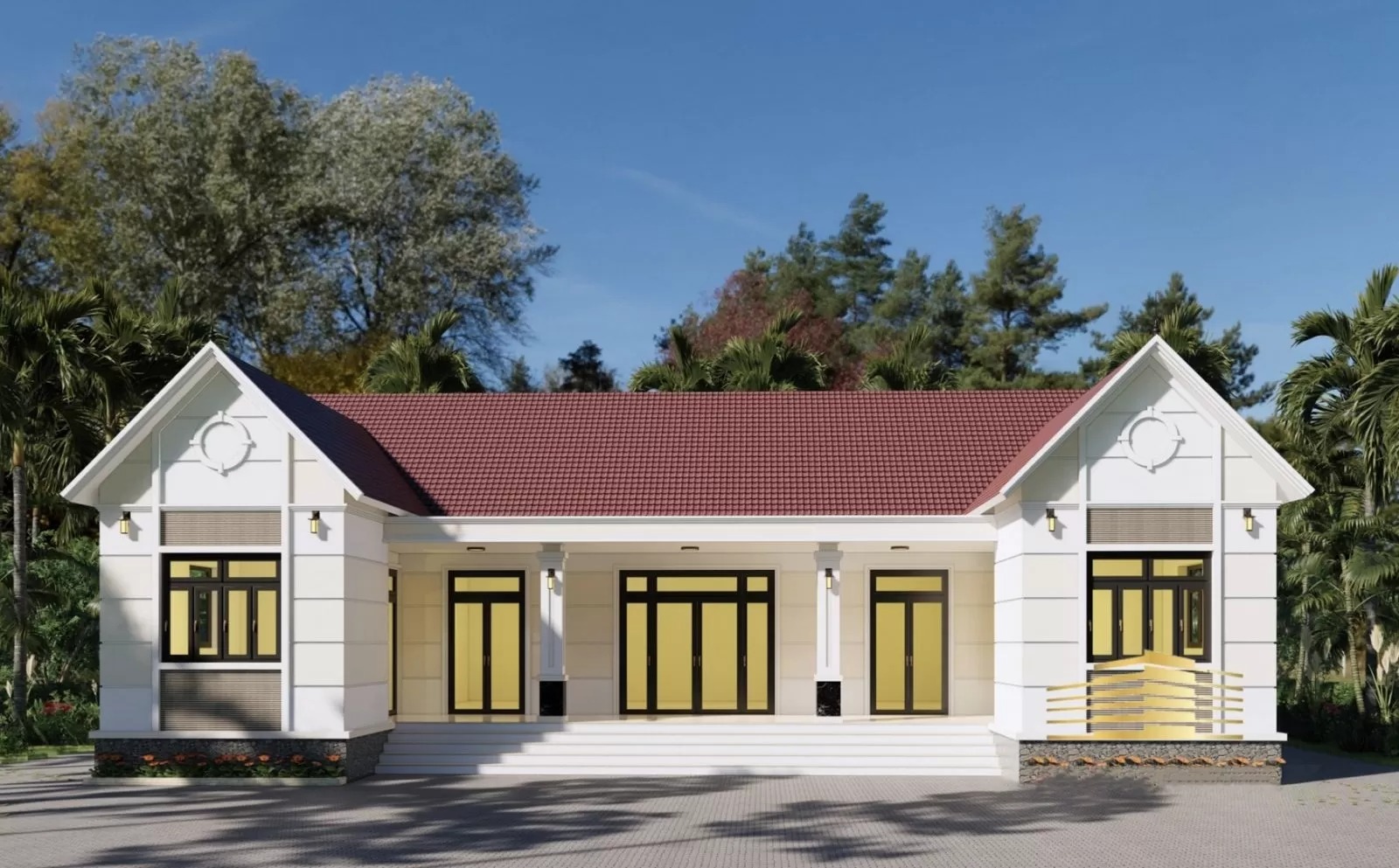 Nhà mái thái cấp 4 màu trắng, ngói đỏ giữa khu vườn xanh tươi với cửa kính lớn.