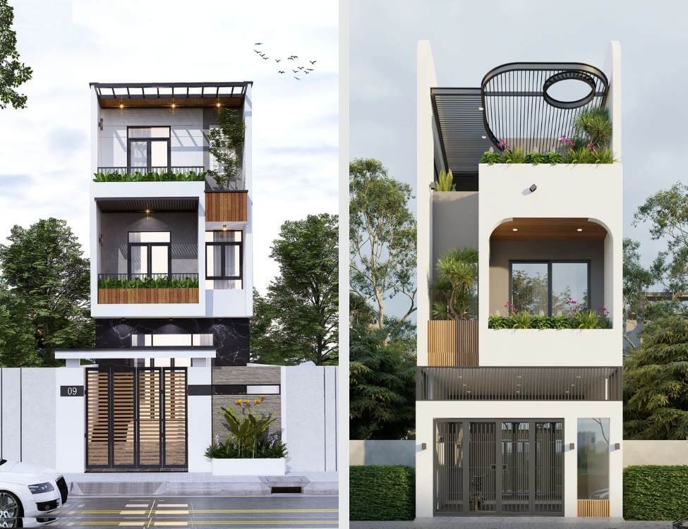 Hai căn nhà hiện đại 3 tầng với thiết kế tối giản và không gian xanh, bao quanh bởi cây cối xanh mát.