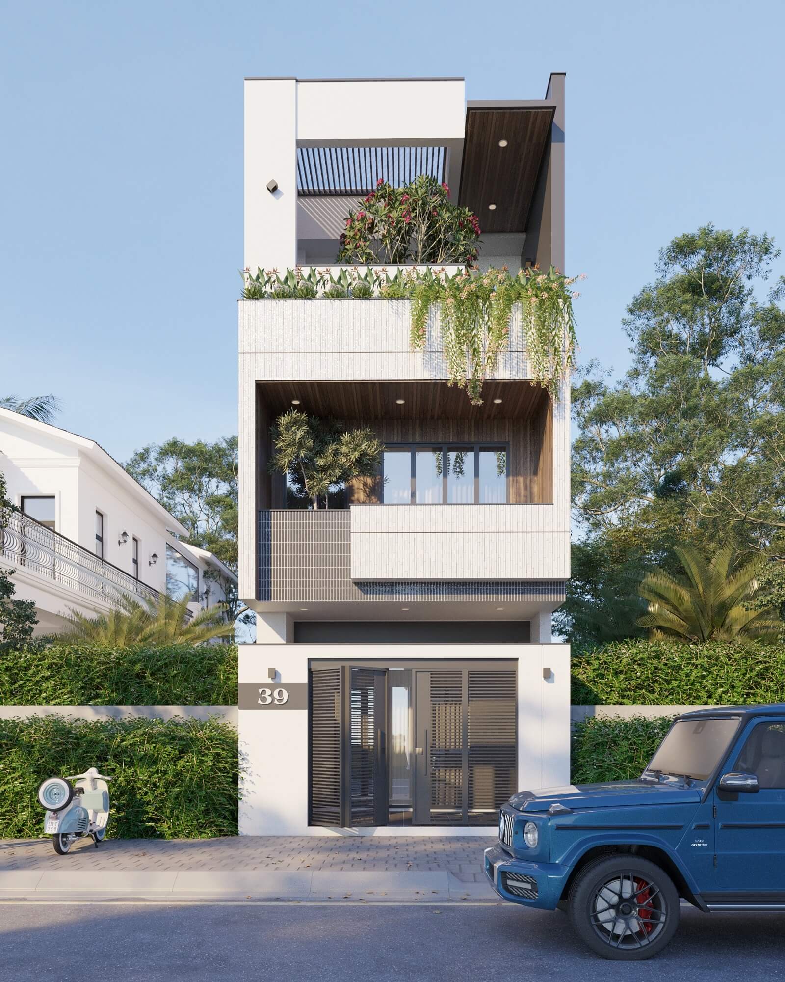 mau-nha-5x16m-3-tang-co-gara-hien-dai-va-tien-nghi-2 Nhà phố hiện đại ba tầng với cây xanh trên ban công và xe hơi xanh đậu trước cửa, thiết kế tối giản.